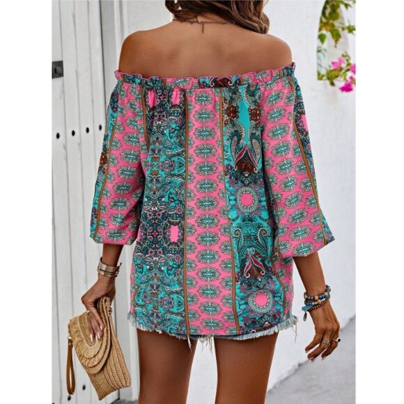 Off the shoulder boho gypsy paisley print blouse ruffle - Picture 2 of 2